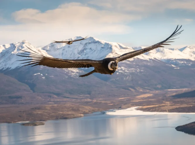 condor-patagonia-wordpress A condor glides over a lake and valley, with snow-covered mountains and another condor in the distance.